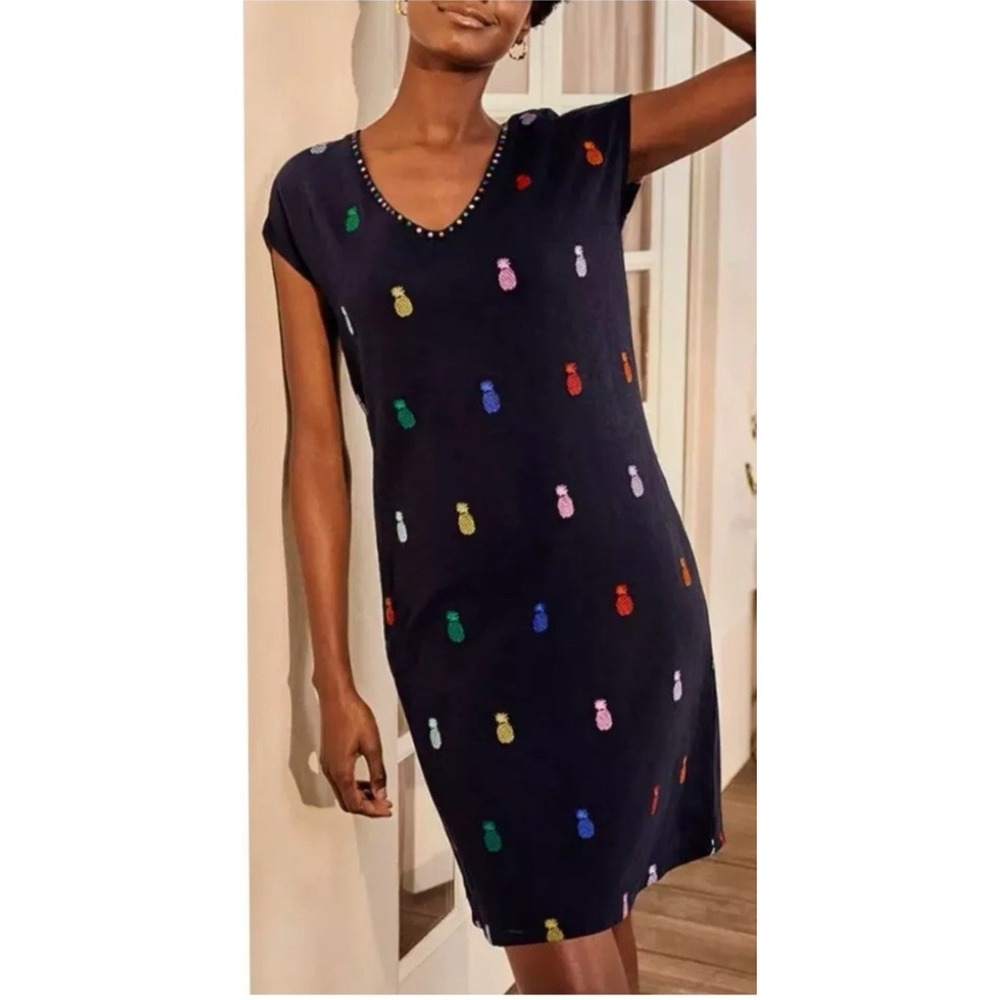 Boden Slub T Shirt Dress Womens 14L Navy Polly Pineapple Embroidered V Neck Midi